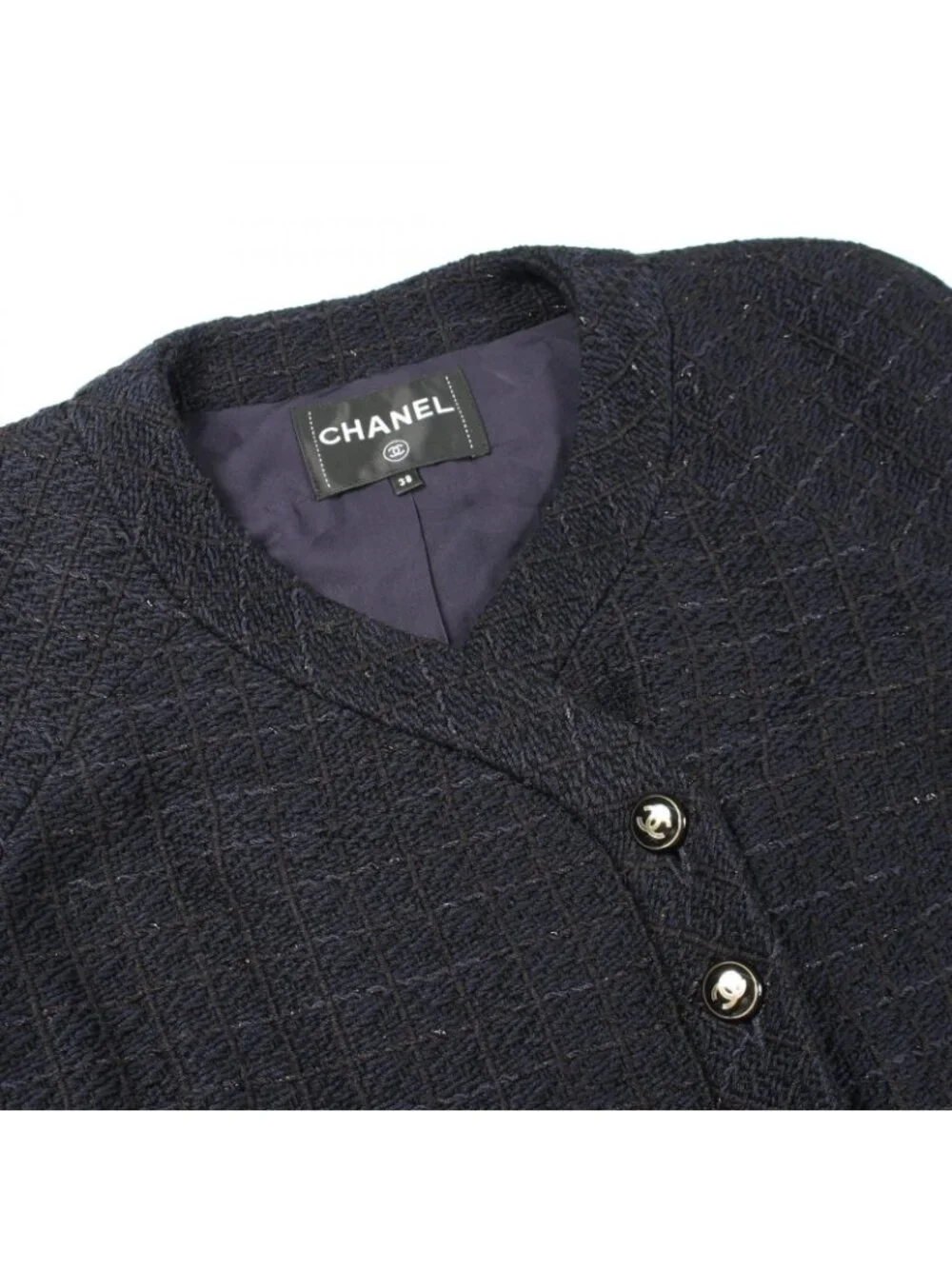 Chanel Collarless Jacket CC Logo Button Double Breasted Tweed Cotton